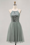 Sparkly Grey Green Tulle Halter Short Prom Dress with Sequins