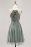 Sparkly Grey Green Tulle Halter Short Prom Dress with Sequins