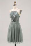 Sparkly Grey Green Tulle Halter Short Prom Dress with Sequins