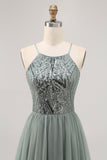 Sparkly Grey Green Tulle Halter Short Prom Dress with Sequins