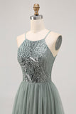 Sparkly Grey Green Tulle Halter Short Prom Dress with Sequins