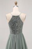 Sparkly Grey Green Tulle Halter Short Prom Dress with Sequins