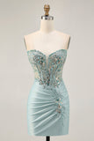 Sparkly Grey Green Tight Corset Short Cocktail Dress with Beading