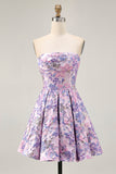 Lilac Strapless Floral Ruched Short Cocktail Dress