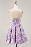 Lilac Strapless Floral Ruched Short Cocktail Dress