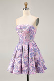 Lilac Strapless Floral Ruched Short Cocktail Dress