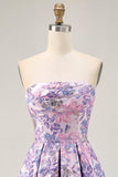 Lilac Strapless Floral Ruched Short Cocktail Dress