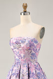 Lilac Strapless Floral Ruched Short Cocktail Dress