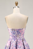 Lilac Strapless Floral Ruched Short Cocktail Dress