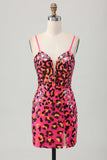 Sparkly Fuchsia Leopard Sequined Tight Short Prom Dress
