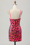 Sparkly Fuchsia Leopard Sequined Tight Short Prom Dress