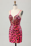 Sparkly Fuchsia Leopard Sequined Tight Short Prom Dress