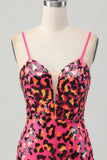 Sparkly Fuchsia Leopard Sequined Tight Short Prom Dress
