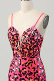 Sparkly Fuchsia Leopard Sequined Tight Short Prom Dress