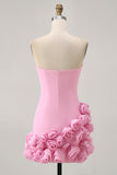 Pink Strapless Tight Satin Short Cocktail Dress with 3D Flowers