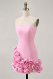 Pink Strapless Tight Satin Short Cocktail Dress with 3D Flowers