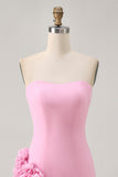Pink Strapless Tight Satin Short Cocktail Dress with 3D Flowers