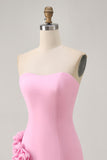 Pink Strapless Tight Satin Short Cocktail Dress with 3D Flowers