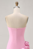 Pink Strapless Tight Satin Short Cocktail Dress with 3D Flowers