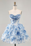 Sparkly White Blue Flower Corset A Line Short Cocktail Dress with Ruffles