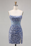 Sparkly Grey Blue Corset Sequins Tight Mini Prom Dress with Slit