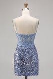 Sparkly Peacock Green Sequins Spaghetti Straps Mini Prom Dress
