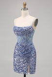 Sparkly Peacock Green Sequins Spaghetti Straps Mini Prom Dress