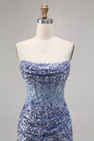 Sparkly Grey Blue Corset Sequins Tight Mini Prom Dress with Slit