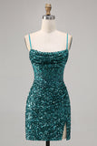 Sparkly Peacock Green Sequins Spaghetti Straps Mini Prom Dress