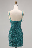 Sparkly Grey Blue Corset Sequins Tight Mini Prom Dress with Slit