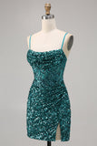 Sparkly Grey Blue Corset Sequins Tight Mini Prom Dress with Slit