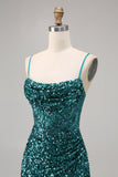 Sparkly Peacock Green Sequins Spaghetti Straps Mini Prom Dress