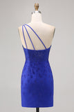 Sparkly Royal Blue One Shoulder Tight Short Prom Dress with Rhinestones
