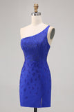 Sparkly Royal Blue One Shoulder Tight Short Prom Dress with Rhinestones