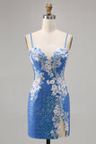 Sparkly Blue Spaghetti Straps Beaded Floral Mini Prom Dress with Slit