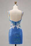 Sparkly Blue Spaghetti Straps Beaded Floral Mini Prom Dress with Slit