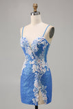 Sparkly Blue Spaghetti Straps Beaded Floral Mini Prom Dress with Slit