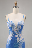Sparkly Blue Spaghetti Straps Beaded Floral Mini Prom Dress with Slit