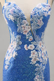 Sparkly Blue Spaghetti Straps Beaded Floral Mini Prom Dress with Slit