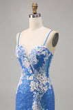 Sparkly Blue Spaghetti Straps Beaded Floral Mini Prom Dress with Slit