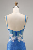 Sparkly Blue Spaghetti Straps Beaded Floral Mini Prom Dress with Slit