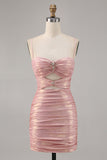 Blush Metallic Ruched Cut Out Tight Mini Prom Dress