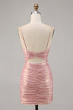 Blush Metallic Ruched Cut Out Tight Mini Prom Dress