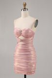 Blush Metallic Ruched Cut Out Tight Mini Prom Dress