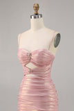 Blush Metallic Ruched Cut Out Tight Mini Prom Dress
