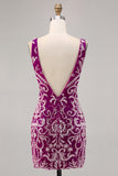 Sparkly Fuchsia V-Neck Tight Backless Mini Prom Dress with Beading