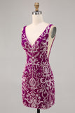 Sparkly Fuchsia V-Neck Tight Backless Mini Prom Dress with Beading