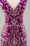 Sparkly Fuchsia V-Neck Tight Backless Mini Prom Dress with Beading