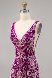 Sparkly Fuchsia V-Neck Tight Backless Mini Prom Dress with Beading