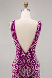 Sparkly Fuchsia V-Neck Tight Backless Mini Prom Dress with Beading